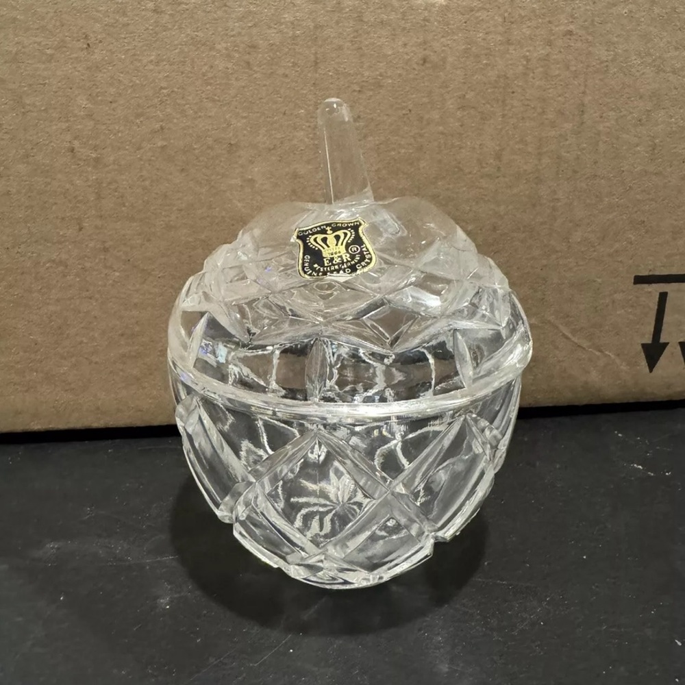Golden Crown E R Western Germany Hand Cut Lead Crystal Apple Shaped Sugar Bowl